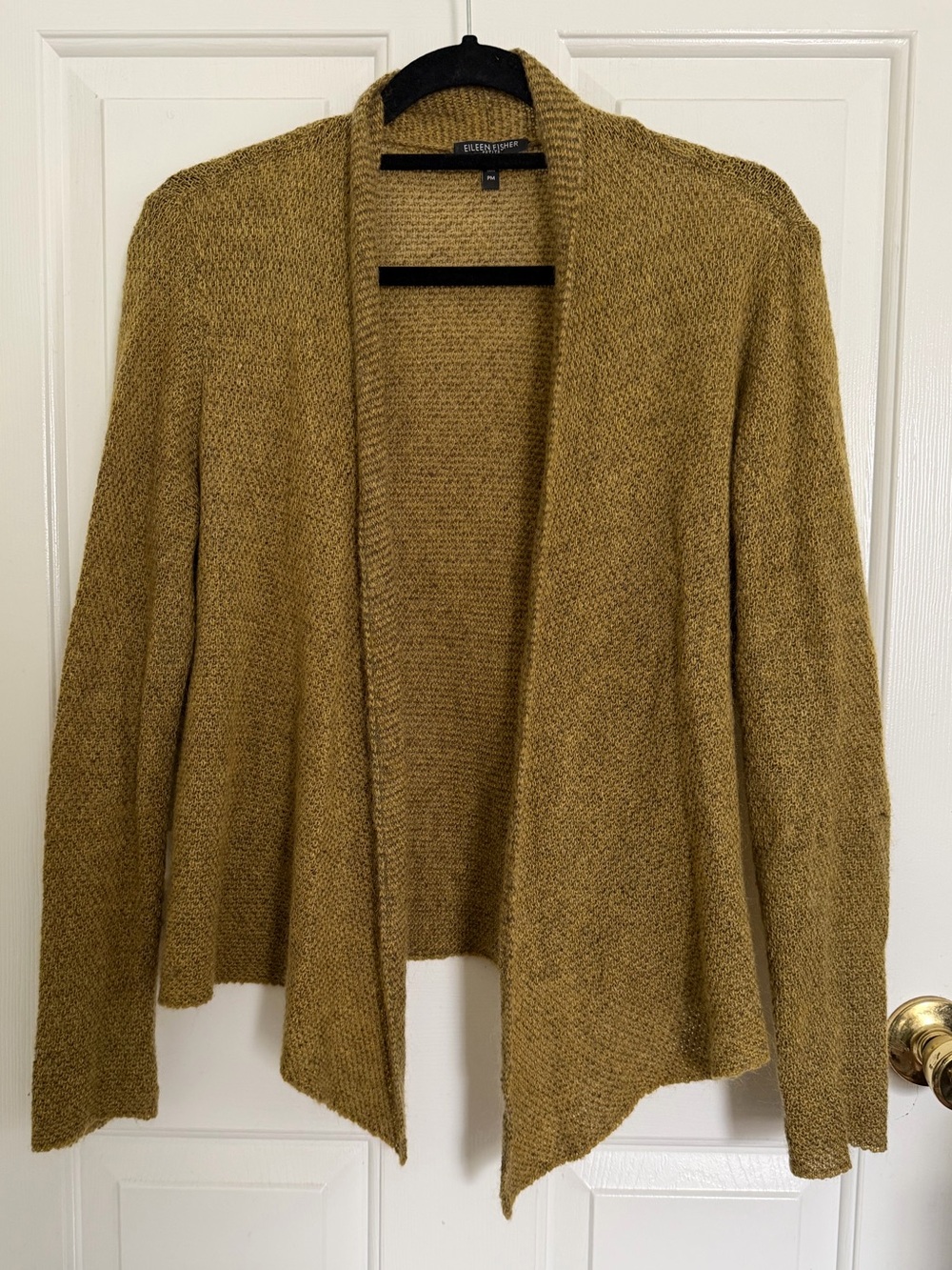 Eileen Fisher Open-Front Mustard Knit Wool Blend Cardigan Sweater